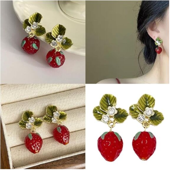 3D Red Strawberry Dangle Earrings Green enamel Leaves Crystal Accents - Picture 2 of 7